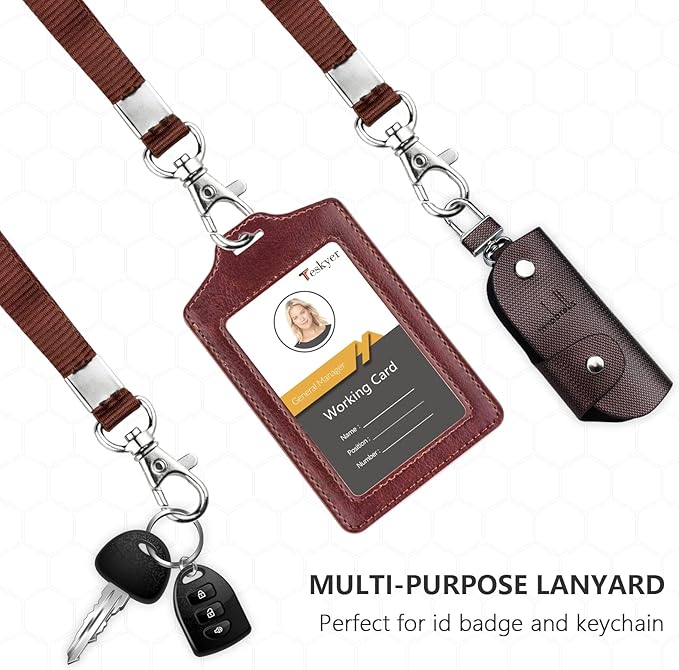 Teskyer 2 Pack of Double Sided Clear Badge Holder with Lanyard, PU Leather ID Badge Name Card Holder with Stainless Steel J-Hook Nylon Lanyard for Work ID, School ID, Metro Card, Access Card, Brown