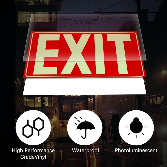 CEYAZYE 4Pcs Glow In The Dark Exit Sign Aluminum, 10"x7" Photoluminescent Emergency Adhesive Signs Sticker for Business Office School Warehouse Fire, Apply to Door, Wall, Window