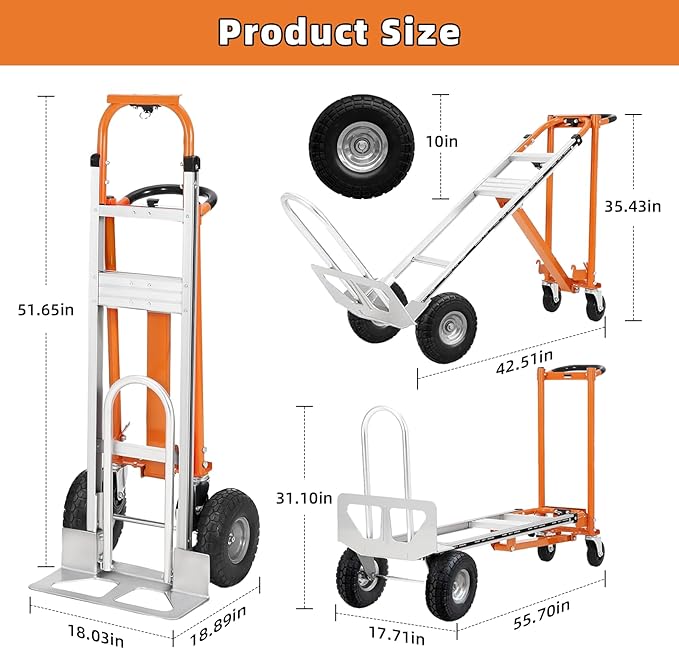 Aluminum 4 in 1 Convertible Hand Truck Dolly, 1000Lbs Capacity, Heavy Duty Folding Hand Truck Dolly Cart with Wheels 10" Solid, 2 Safety Strap, Hand Trucks for Logistics, Moving Home, Shopping, Office