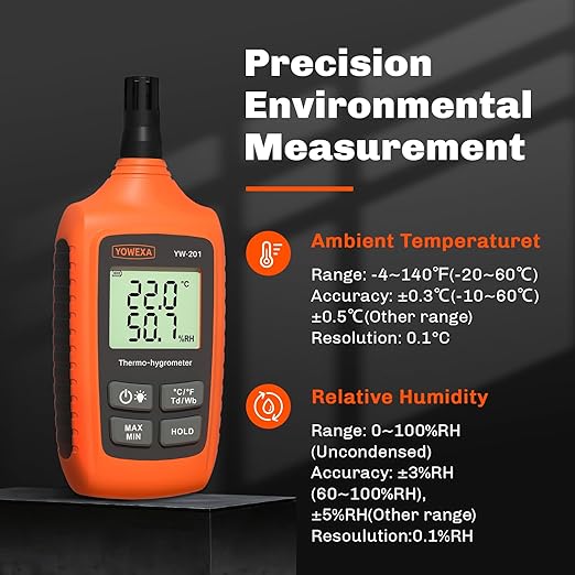 YW-201 Temperature and Humidity Meter, Digital Thermometer Hygrometer with Ambient, Dew Point, Wet Bulb for Indoor/Outdoor, Min/Max Hold, LCD Backlight