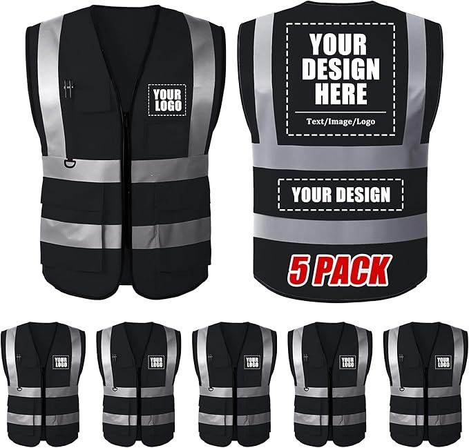 Custom Safety Vest with Logo, High Visibility Reflective Personalized Vest with Pockets for Men Women Construction