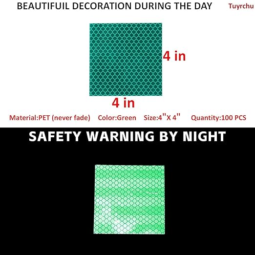 Non Fading Green Reflective Stickers 4 inch X 4 inch, Outdoor Waterproof High Visibility Warning Safety Adhesive Reflector Tape (100 Pcs)