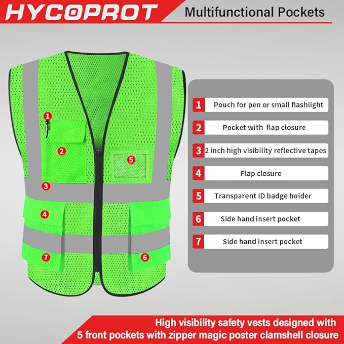 HYCOPROT High Visibility Mesh Safety Reflective Vest with Pockets and Zipper, Meets ANSI/ISEA Standards