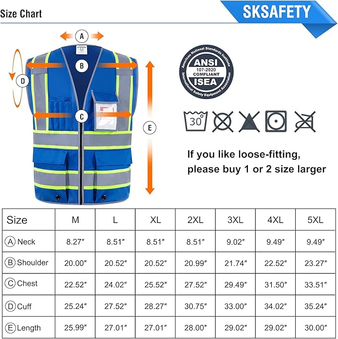 SKSAFETY 10 Pockets Safety Vest, Class 2 High Visibility Security with Zipper, Hi Vis Vest with Reflective Strips, ANSI/ISEA Standard, Construction Work Vest for Men ＆ Women （Blue, 2XL）