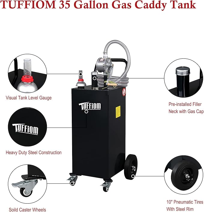 TUFFIOM 35 Gallon Fuel Gas Caddy w/Wheels & Manual Siphon Pump, Portable Diesel Fuel Transfer Storage Tank w/11.9ft Hose, Gasoline Can Container for ATV Car Mowers Tractor Boat Motorcycle