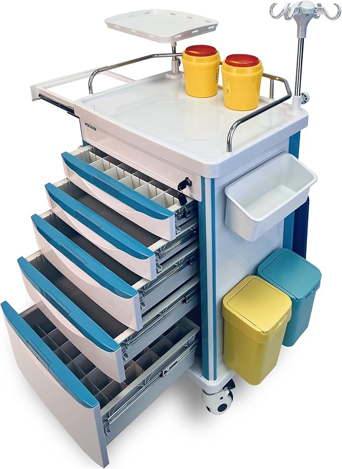 Pochar Medical Crash Cart with Emergency Accessory - Cardiac Board, IV Pole, O2 Holder, Power Strip, Trash Bin, Drawers with Dividers - Mobile Emergency Cart for Hospitals and Clinics