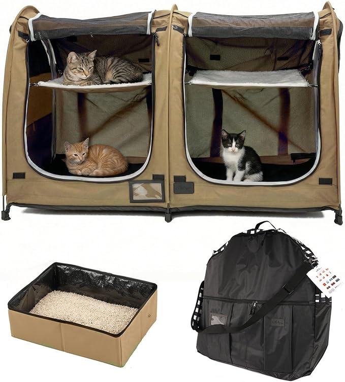 porayhut Mispace Portable Twin Compartment Show House Cat Cage/Condo - Easy to Fold & Carry Kennel - Comfy Puppy Home & Dog Travel Crate with Portable Carry Bag/Hammocks/Mats and Litter Box