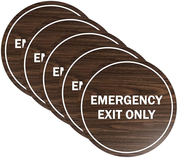 Signs ByLITA Circle Emergency Exit Only Sign (Walnut) - Small 5 Pack