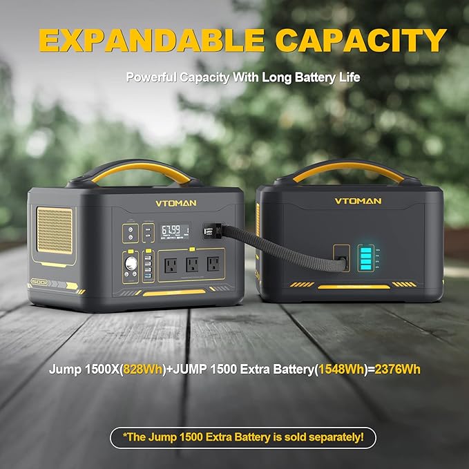 VTOMAN Jump1500X Portable Power Station, 828Wh LiFePO4 Battery Solar Generator with Jump Start, 1500W AC Outlet, 100W PD Type-C, Large Capacity Expandable to 2376Wh for Camping, RV Travel, Home Backup