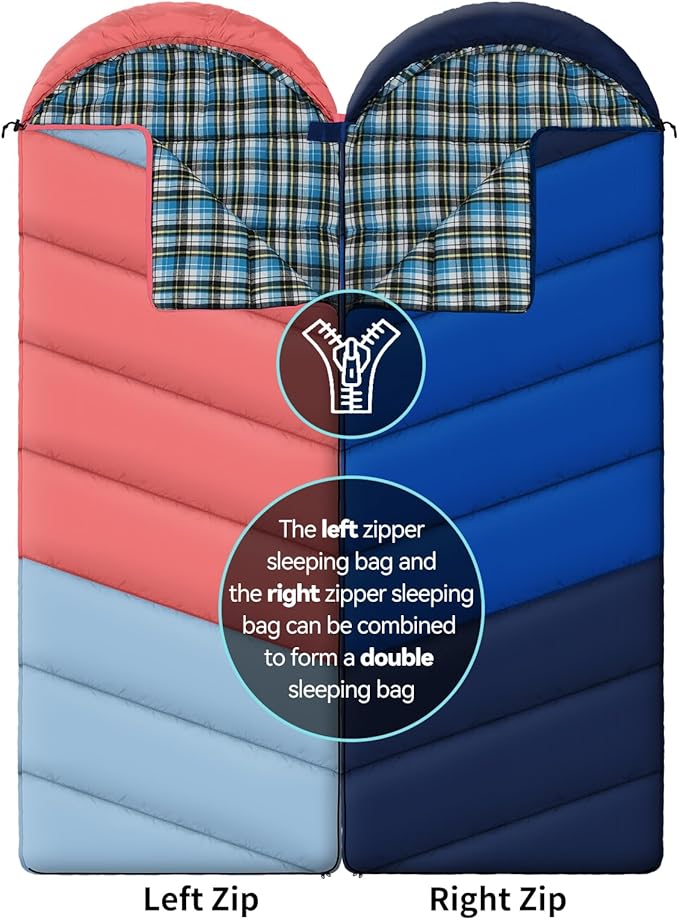 Cotton Flannel Lined Sleeping Bag for Adults Teens Kids, Cold Weather & Warm, 3 Seasons, Lightweight Compact Camping Essentials Equipment, Hiking, Outdoor, Travel
