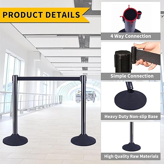 6PACK BESEA Crowd Control Stanchions Set Heavy Duty Crowd Control Barriers with 10' FEET Black Retractable Belt, Rubber Base(6PACK)