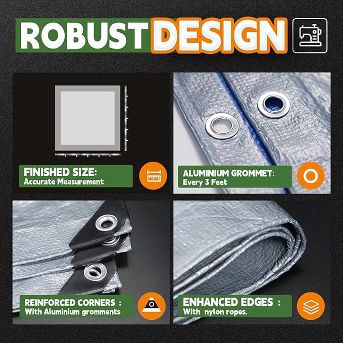 RAINDEWAY Large Tarps 30x30 Feet, 5.5 Mil - Multipurpose Waterproof Poly Tarp Cover with Metal Grommets and Reinforced Edges, Silver/Blue Tarp
