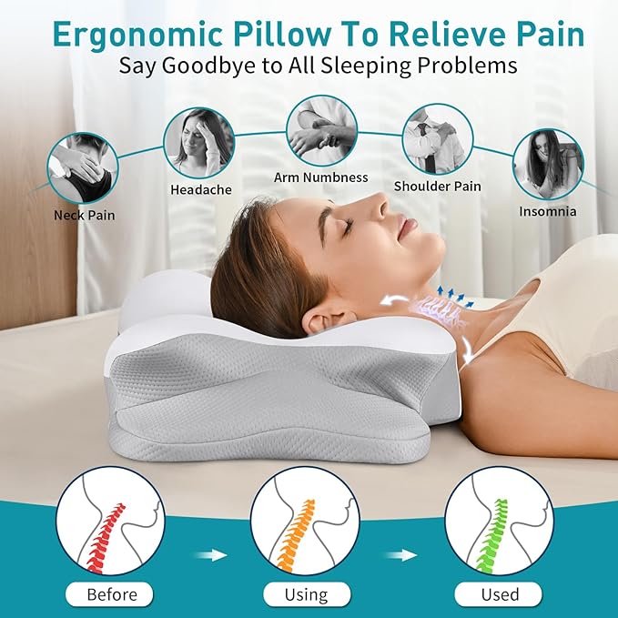 Cervical Pillow for Neck Pain Relief, Ergonomic Neck Pillow for Sleeping Contour Memory Foam Pillows with Cooling Pillowcase, Orthopedic Bed Pillow for Side Back Stomach Sleepers