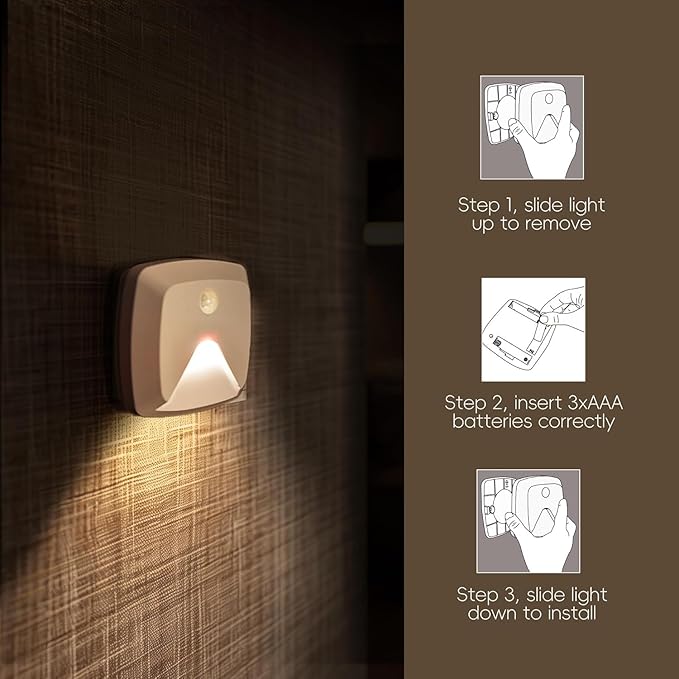 10-Pack Stick-on Motion Sensor Lights, Warm White LED Night Light, Stick-Anywhere Stair Lights, Closet Light, Battery Operated Wall Light for Kitchen, Hallway, Bedroom, Bathroom, Stairs