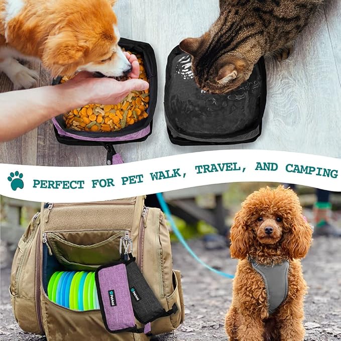 PetAmi Collapsible Dog Bowls 2 Pack, Food and Water Bowls Travel Set, Portable Pet Dish No Spill, Foldable Lightweight BPA Free Leakproof Bowls, Camping Hiking Walking Outdoor Gear Accessories, Purple