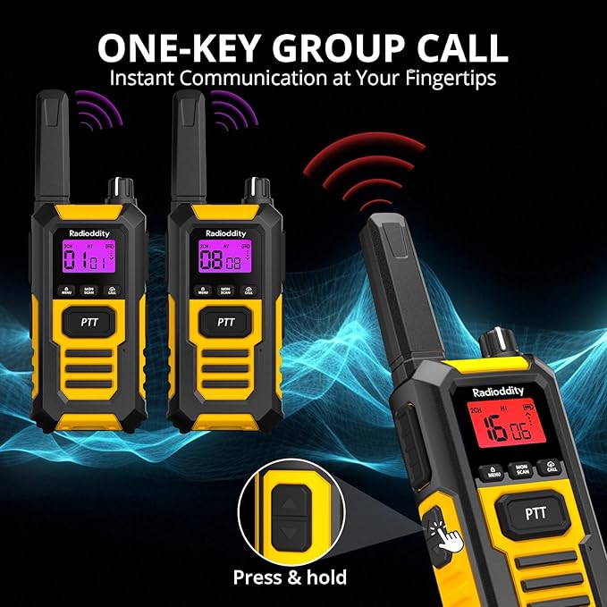 Radioddity HD-1 IP67 Heavy Duty Walkie Talkies, Waterproof Dustproof Shockproof Long Range Two Way Radio with One-Key Group Call, Vibrate Alert, SOS, Dual PTT, USB-C Charging for Hunting, 6 Packs
