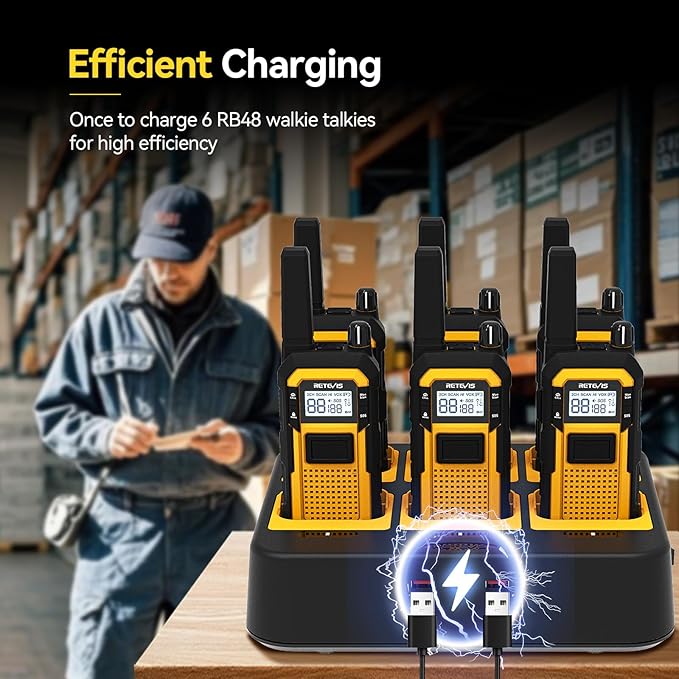 Retevis RB48 2 Way Radio Long Range, MIL-STD 810H Heavy Duty Walkie Talkies with Earpiece, Support VOX, Advanced Triple Proof, 2000mAh, NOAA, Vibration Reminder(6 Pack with Gang Charger)