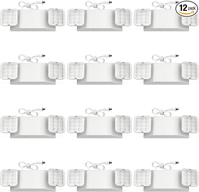 FREELICHT 12 Pack Emergency Lights with Battery Backup, AC 120V, Two Head Adjustable, LED Emergency Square Lighting Fixture for Business Commercial Use with 4FT Plug in Cord, UL Listed