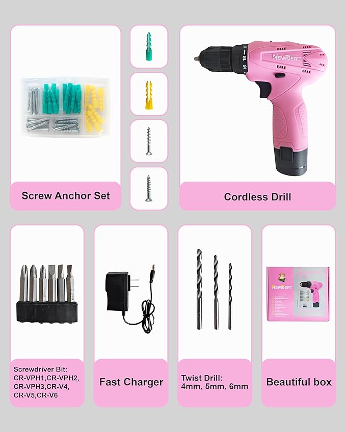 Cordless Drill Set, 12V Power Drill Driver with 2 Battery and Charger, Pink Electric Drill Power Tool for Women