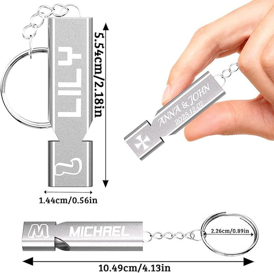 10Pcs Custom Emergency Whistles, Personalized Aluminum Safety Survival Whistle with Keychain, Engraved Name or Logo, Double Tube High Pitch for Outdoor Camping, Hiking, Boating, Fishing