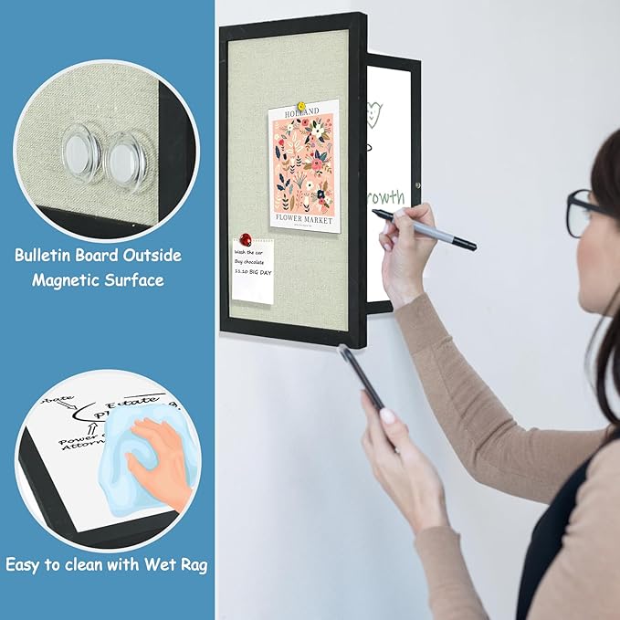 Magnetic Dry Erase Hidden Whiteboard with Black Wooden Frame, Gray Fabric Bulletin Board Exterior and Whiteboard Interior, 11.8x15.7inch (30x40cm)