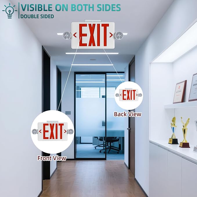 Exit Sign with Emergency Light, Commercial Exit Signs，Red Emergency Exit Light, 2 Adjustable Heads,Combo for Business, 120V/277V AC, UL-Listed, 2 Pack