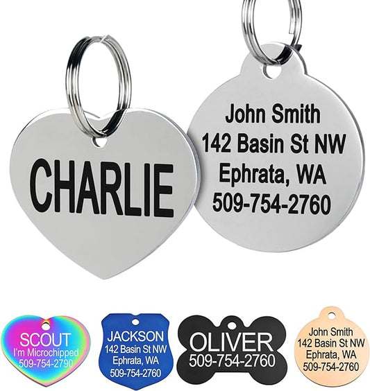 GoTags Stainless Steel Pet ID Tags, Personalized Dog Tags and Cat Tags, up to 8 Lines of Custom Text, Engraved on Both Sides, in Bone, Round, Heart, Bowtie and More (Heart, Regular (Pack of 1))