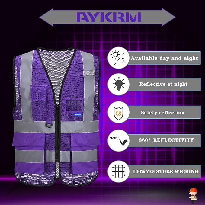 A-SAFETY High Visibility Mesh Safety Reflective Vest with Pockets and Zipper,Hi Viz Work Vest for Men Women (Purple Mesh 4XL-5XL)