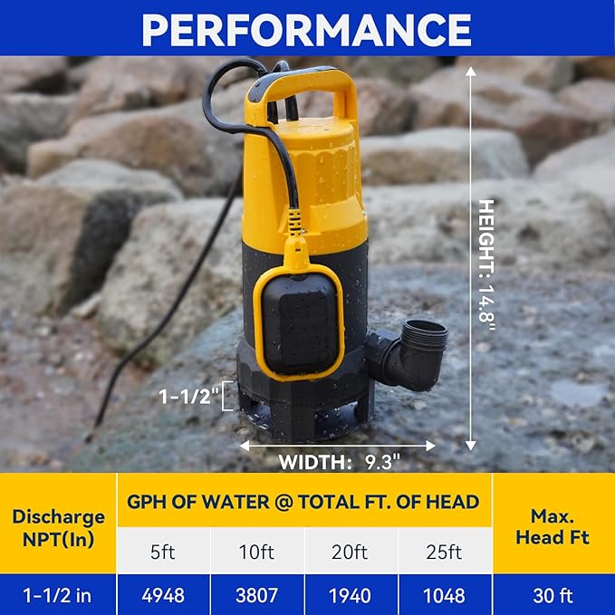 Acquaer 1HP Sump Pump 4948GPH Submersible Drain Pump with Automatic Float Switch, Remove Clean/Dirty Water for Basement, Hot Tub, Pools, Garden Pond