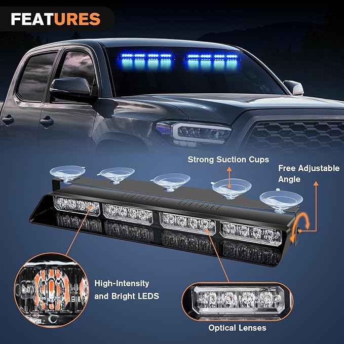 Nilight 32LED Blue Emergency Dash Strobe Lights with Controller Suction Cups Warning Hazard Interior Front/Rear Windshield Deck Split Light Bar for Trucks Construction Vehicles