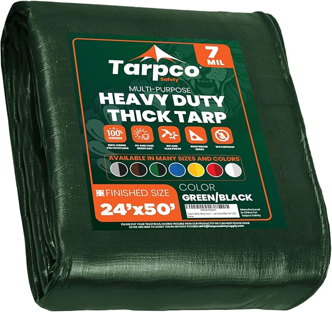 Tarpco Safety Heavy Duty 7 Mil Tarp Cover, Waterproof, UV Resistant, Rip and Tear Proof, Poly Tarpaulin with Reinforced Edges for Roof, Camping, Patio, Pool Cover, Boat (Green/Black 24′ X 50′)