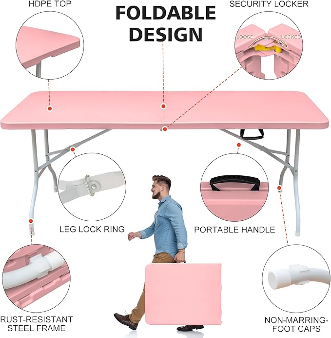 Portable 6Ft Plastic Folding Table, Heavy Duty 6ft Fold-in-Half Table with Carrying Handle, 6' Folding Utility Foldable Table for Picnic Party Camping Kitchen, Indoor/Outdoor (White)