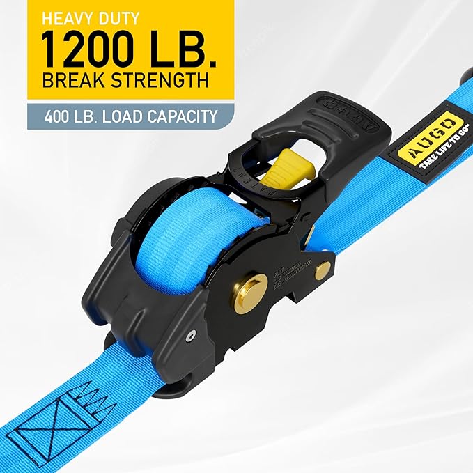 AUGO Retractable Ratchet Straps | 2 Heavy Duty Ratchet Straps Self Retractable Tie Downs with Soft Loops & Storage Bag for Motorcycle, Truck, Trailer, Cargo Van | 1200 Lb Break Strength 1” x 10’