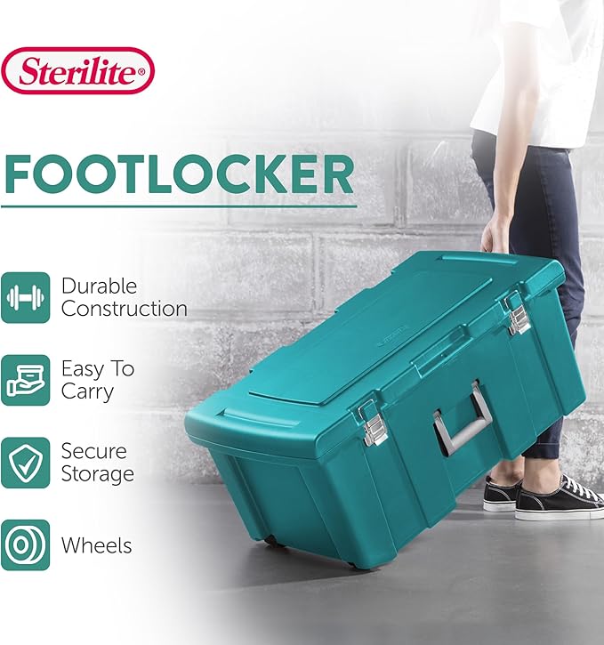 Sterilite Footlocker, Lockable Plastic Utility Storage Container Box, Teal - Heavy-Duty Organizing Containers for Home, Garage, Office, and Basement