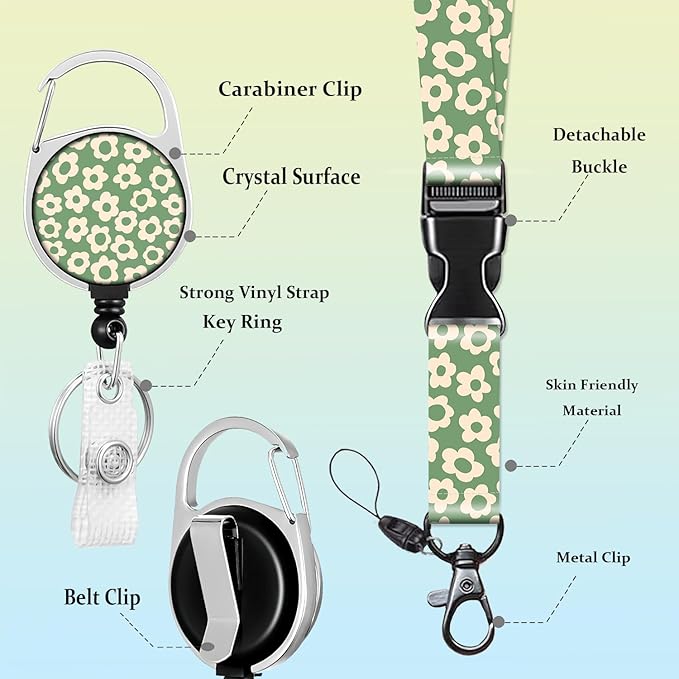 Badge Holder Cute Vintage Groovy Flowers Floral Tropical Green ID Lanyard Retractable Badge Reel Clip Lanyard Name Card Vertical ID Protector Holder Keychain Name Badge Clip for Women Men