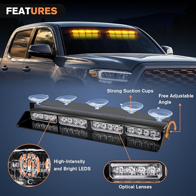 Nilight 32LED Amber Emergency Dash Strobe Lights with Controller Suction Cups Warning Hazard Interior Front/Rear Windshield Deck Split Light Bar for Trucks Construction Vehicles