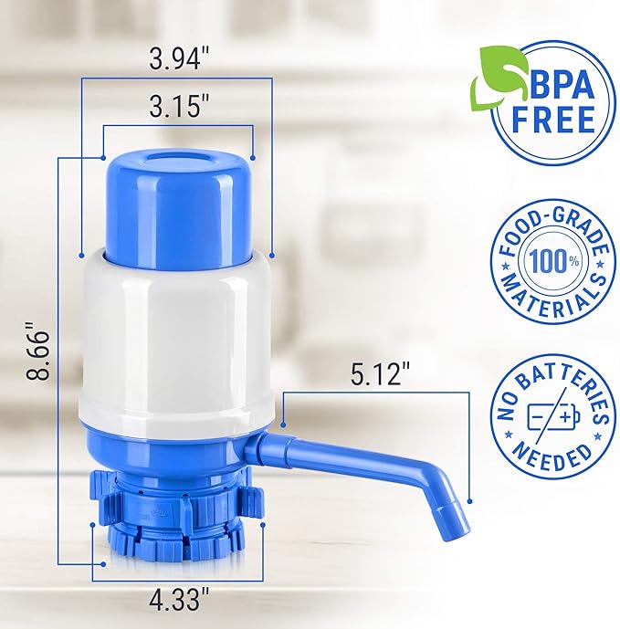 Manual Water Pump for 5 Gallon Bottle – Universal Fit for Crown Top and Screw Top Jugs - Adjustable Tubs, Protective Spout Cap, Cleaning Brush, BPA-Free Food-Grade Materials – 5 Gallon Water Pump