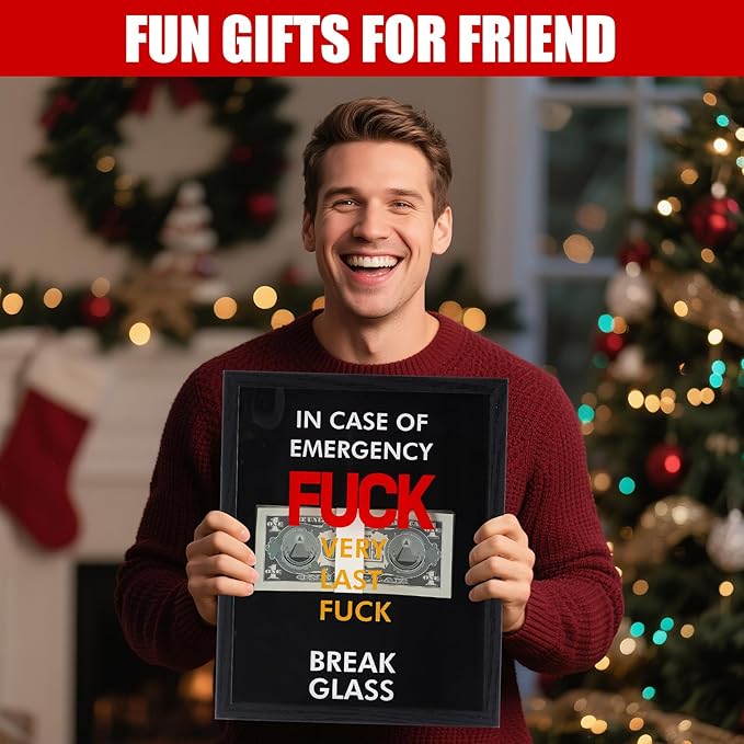 Marsui Emergency Break Glass Box with Hammer White Elephant Gag Gift 10"x8"x3" Wooden Display Case Wall Mountable for Christmas Birthday Money Not Included(Playful Emergency Box)