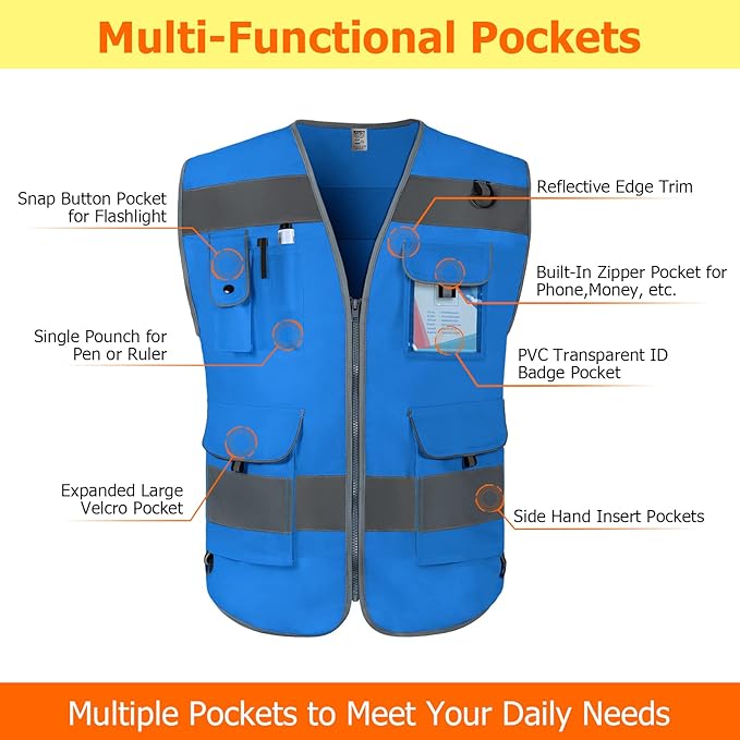 TCCFCCT High Visibility Safety Vest for Men Women 9 Pockets Hi Vis Reflective Vest for Safety, Work Vest with Reflective Strips, Meets ANSI/ISEA Standards, (Blue, 5X-Large)