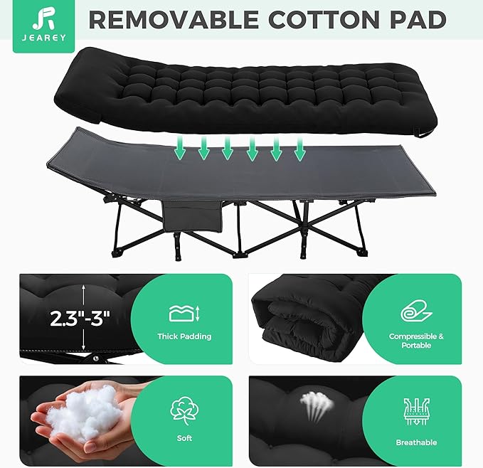 JEAREY Folding Camping Cot for Sleeping, Camping Cots for Adults with Mattress, 1200D Double Layer Oxford Portable Folding Cot Bed with Carry Bag for Guest, Travel, Hiking, Black