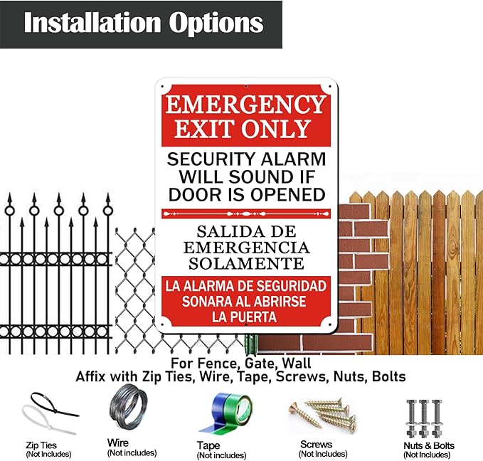 2 Pack Emergency Exit Only Bilingual Sign, 10 x 7 Inches Rust Free Aluminum Sign, UV Resistant, Scratch, Waterproof and Weatherproof, Indoor/Outdoor Use. Easy to Mount