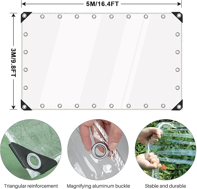 Clear Tarps Heavy Duty Waterproof, 15Mil Transparent PVC Vinyl Tarpaulin with Grommets, Ropes, Reinforced Edge, Tear-Resistant, Anti-UV for Greenhouse, Patio, Garden, Porch, Pavilion, Outdoor