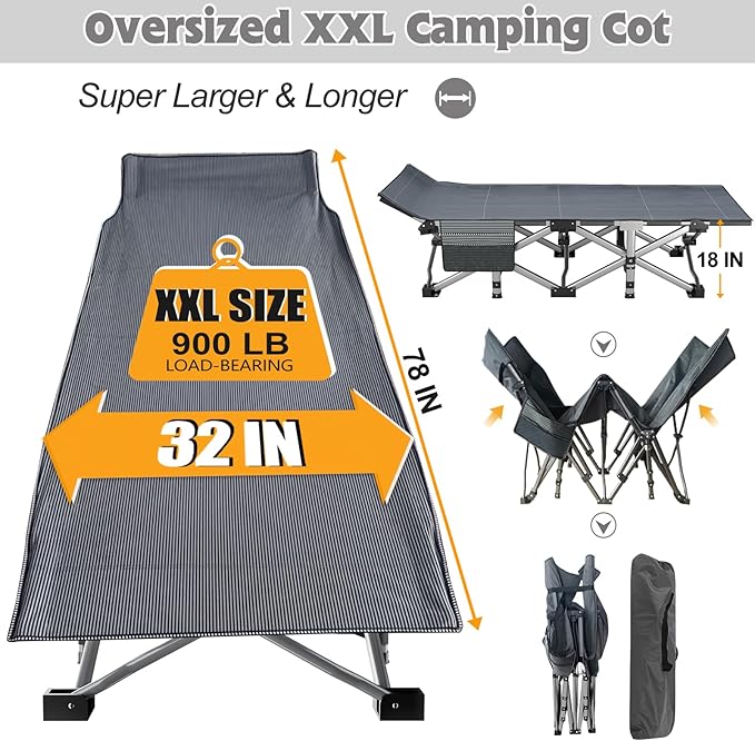 ABORON XXL Camping Cot for Adults 900LBS - 78"×32" Oversized Folding Bed with Mattress Pad, Heavy Duty 1200D Oxford Outdoor Cot with Carry Bag