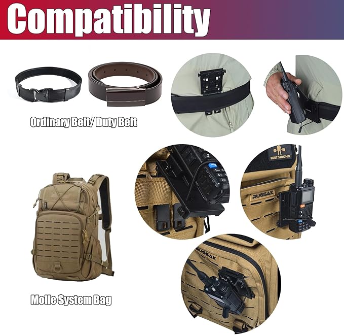 Universal Belt Clip & MOLLE Radio Holster - Tactical Mount Holder for BaoFeng Motorola Midland Kenwood Walkie-Talkies w/Back Clip - Secure Fit for Duty Belts, MOLLE Packs