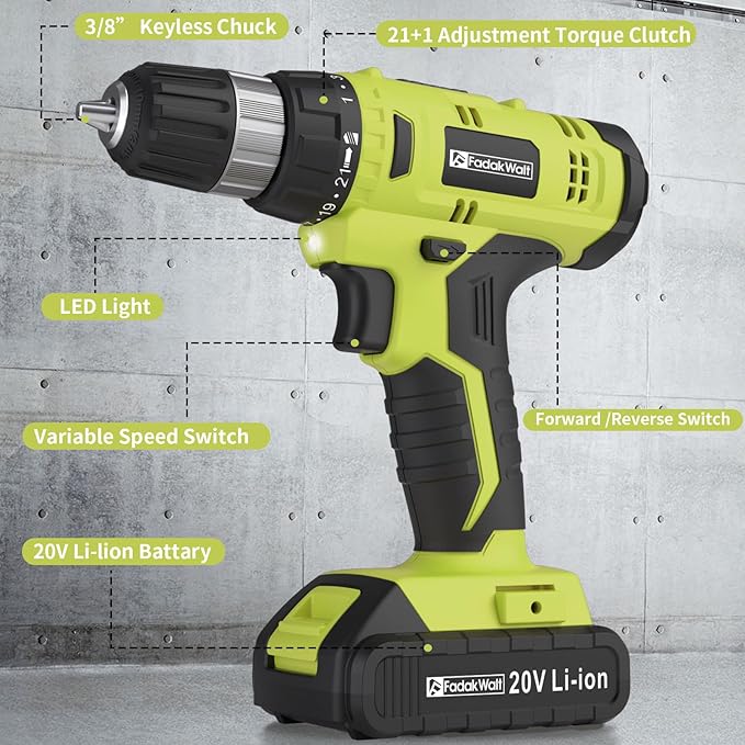 FADAKWALT Cordless Drill Set, 20V Electric Power Drill with Battery And Charger, Torque 30N, 21+1 Torque Setting, 3/8-Inch Keyless Chuck, Drill Driver Bits Kit, with LED