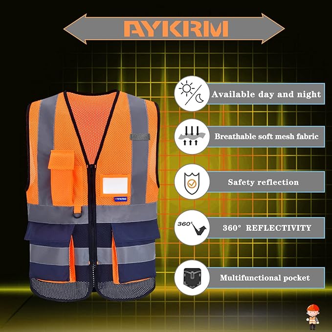 A-SAFETY High Visibility Mesh Safety Reflective Vest with Pockets and Zipper,Hi Vis Viz Reflective Safety Vest(Orange&Navy Mesh L)