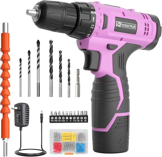 FADAKWALT Cordless Drill Set, 12V Power Drill Set with Battery and Charger, 3/8'' Keyless Chuck, 21+1 Torque Setting, 180 inch-lbs, Pink Electric Drill for Women's Garden DIY Projects（Pink)