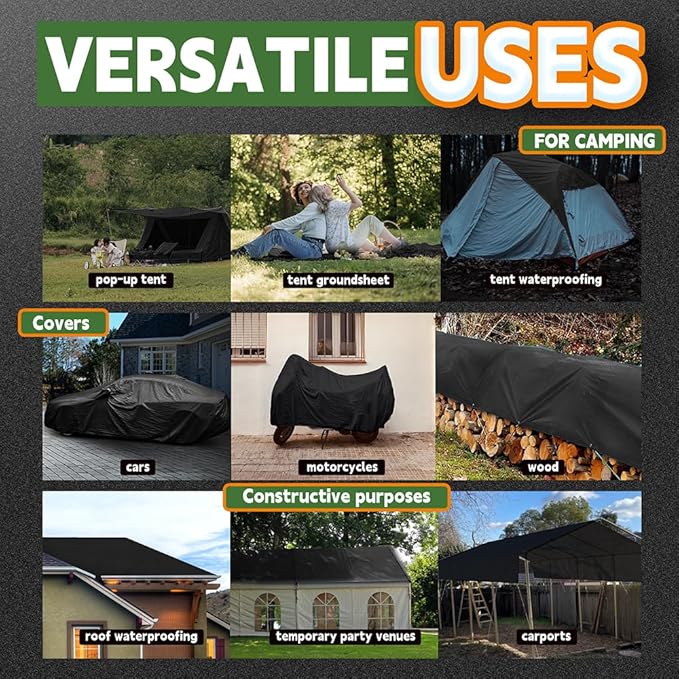 RAINDEWAY Black Tarp 8x8 Feet, UV Resistant, 8 Mil Multipurpose Medium Duty Waterproof Poly Tarp Cover with Metal Grommets and Reinforced Edges