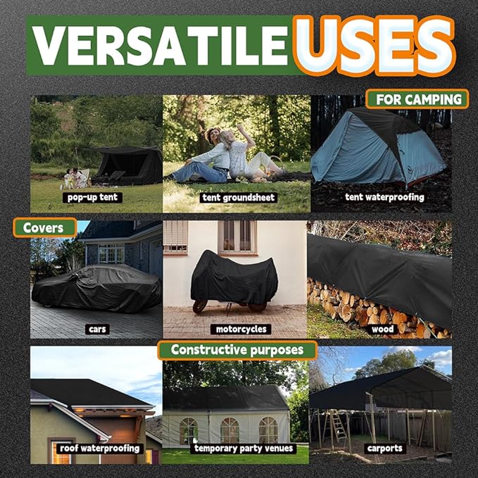 RAINDEWAY Black Tarp 8x12 Feet, UV Resistant, 8 Mil Multipurpose Medium Duty Waterproof Poly Tarp Cover with Metal Grommets and Reinforced Edges