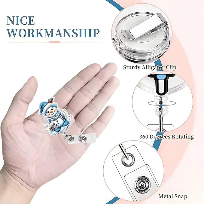 Snowman Badge Reel Winter Snowman Badge Holder with Alligator Clip, Retractable Acrylic Badges Reels ID Name Badge Clip for Nurse Nursing Student Hospital Office Teacher Holiday Badge Accessories
